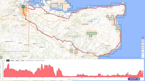 Map showing a 213.3 kilometre cycling route through Kent, England, traced in red. The route starts near Gillingham/Strood and travels south through Maidstone, Ashford, and along the Kent coast via Dover, Hawkinge, Deal, Sandwich, Ramsgate, Margate, Herne Bay, Whitstable, before returning north through Faversham and Sittingbourne. Key locations marked include the Kent Downs National Landscape area. Distance markers are shown at intervals (25km, 50km, 75km, 100km, 125km, 150km, 175km, 200km). Below the map is an elevation profile graph in red showing terrain changes across the distance, indicating +1,922 metres of climbing and -1,912 metres of descending. Interface buttons for Ele (Elevation), Grade, Speed, and Temp are visible, along with a &lsquo;SQUADRATS&rsquo; toggle at the bottom right.