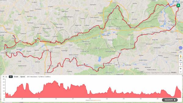 Map showing a red 207km cycling route winding through the countryside, with an elevation profile beneath revealing rolling hills along the way.